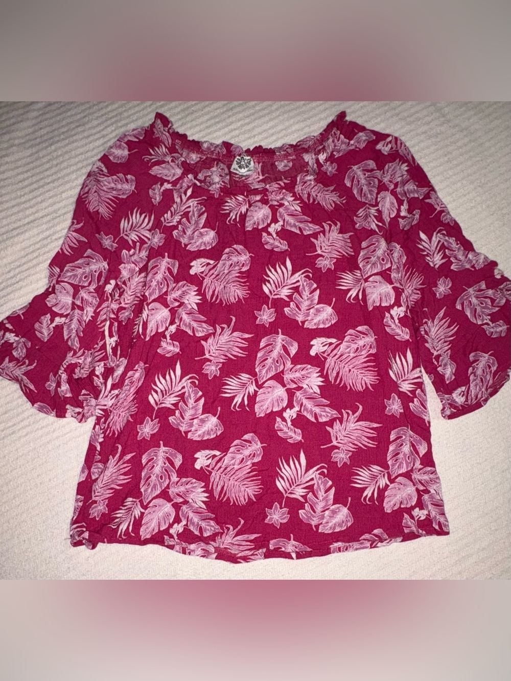 Magenta Tropical Leaf Print Bell Sleeve Summer Beach Top Women’s L